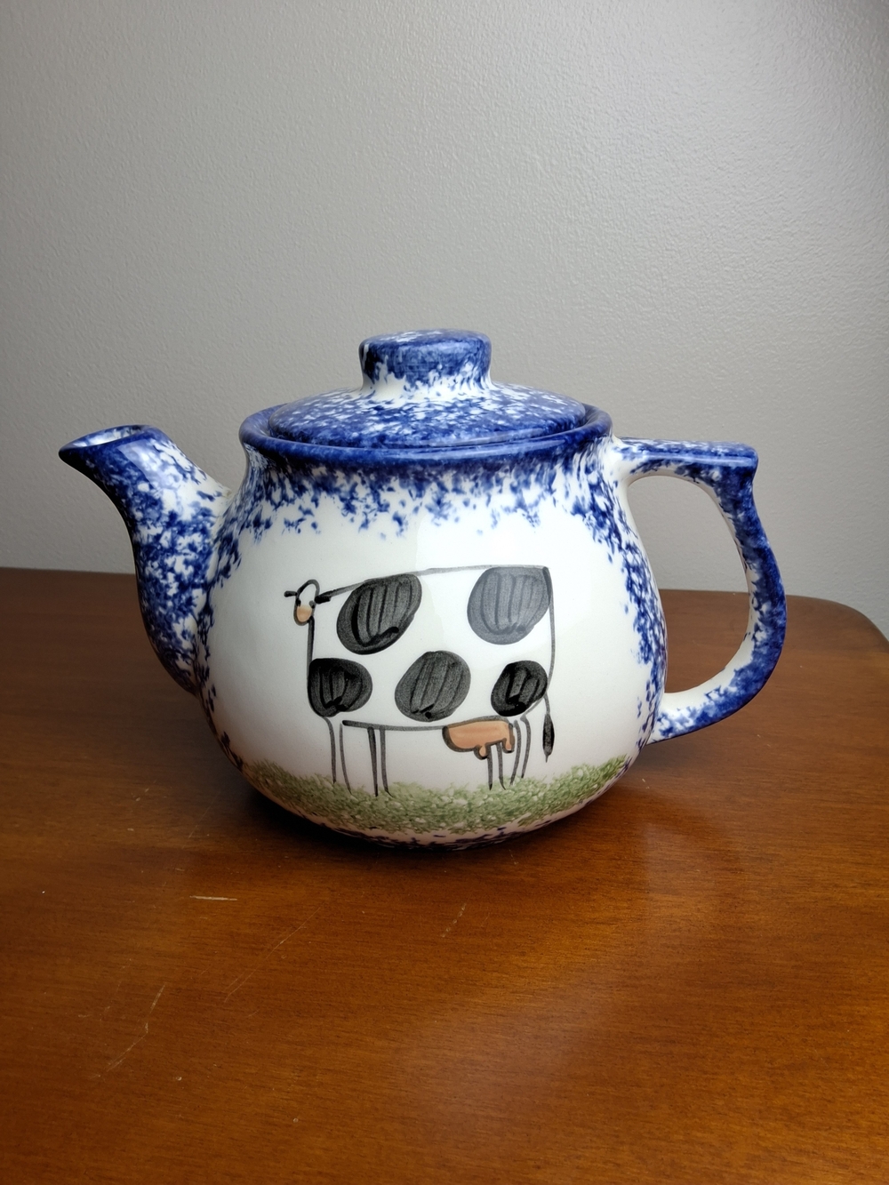 Blue Speckle Ceramic Teapot with Cow Illustration